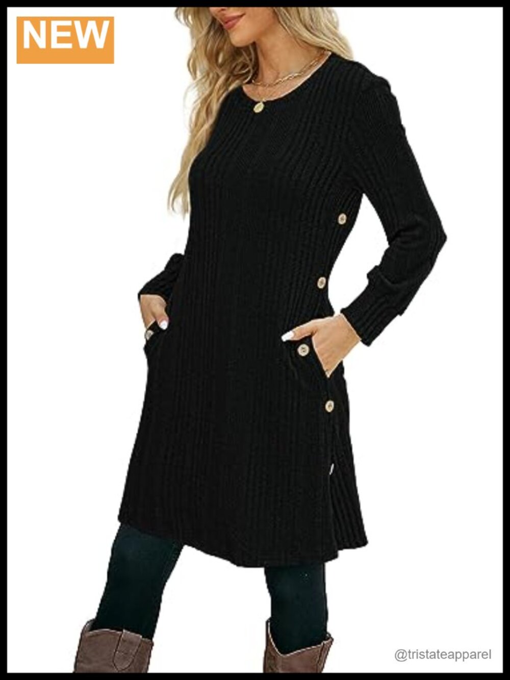 Knit Long Sleeve Tunic Dress with Pockets Button Side Casual Fall Winter